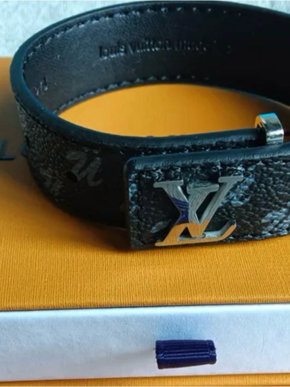 Louis Vuitton Black Monogram Canvas Bracelet with Silver LV Plaque